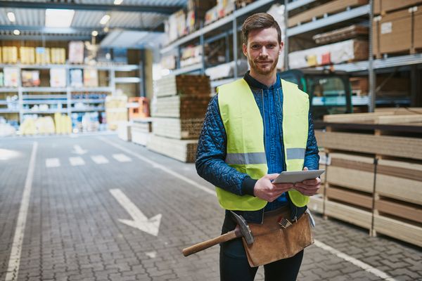 Junger Heidrive-Mitarbeiter mit Schutzweste in einer Lagerhalle